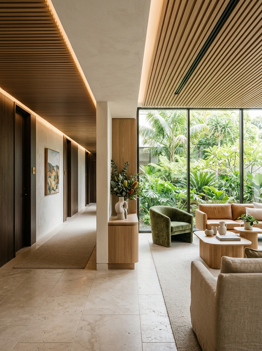 Hotel corridor connecting interior spaces with a subtropical garden view