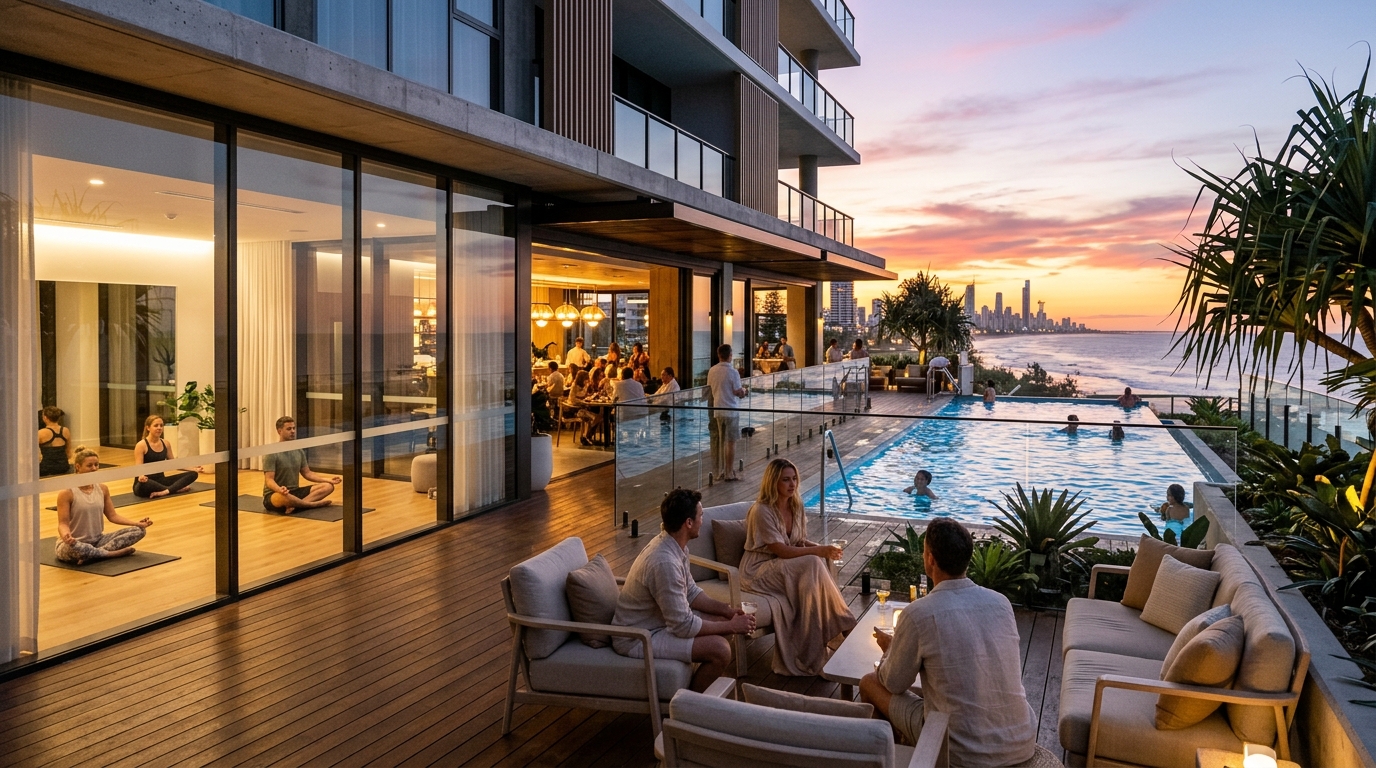 Hotel lounge, terrace and leisure spaces at sunset