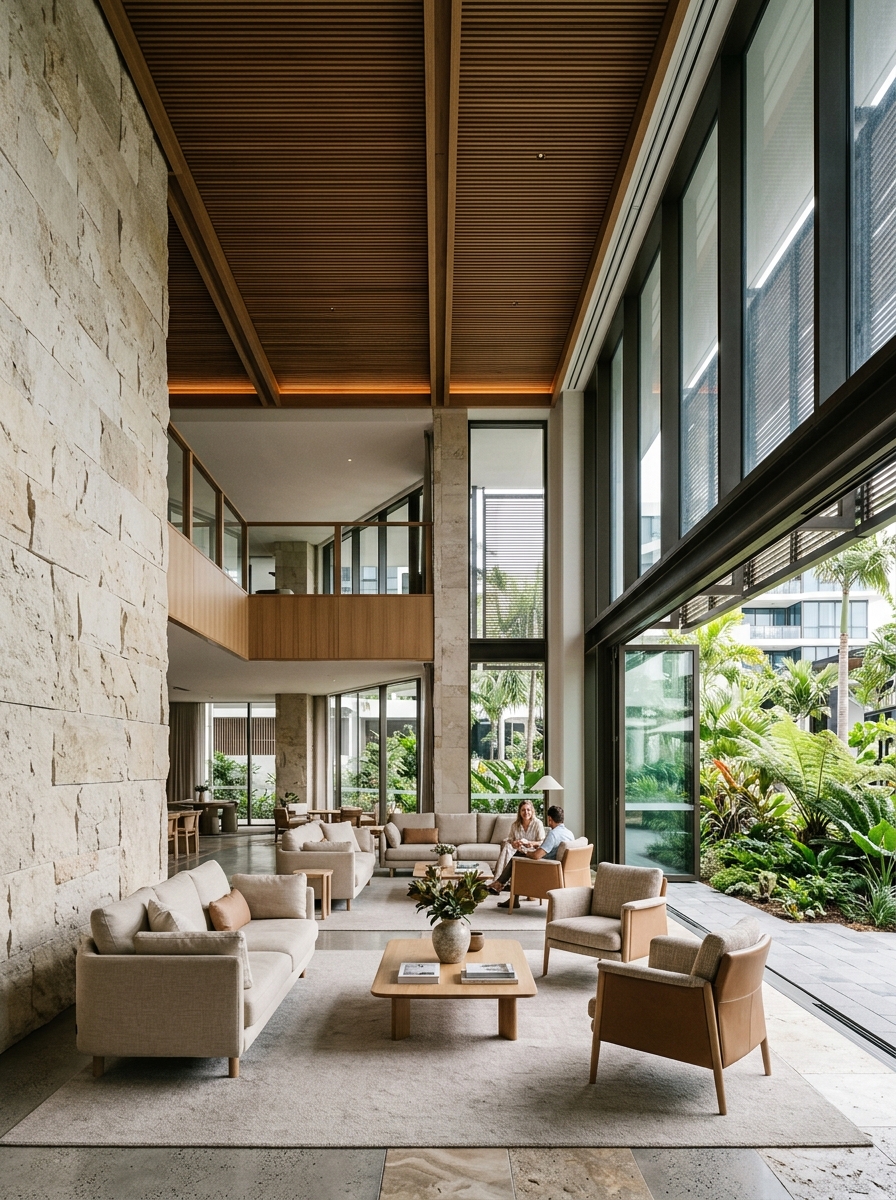 Double-height contemporary hotel lounge with natural materials