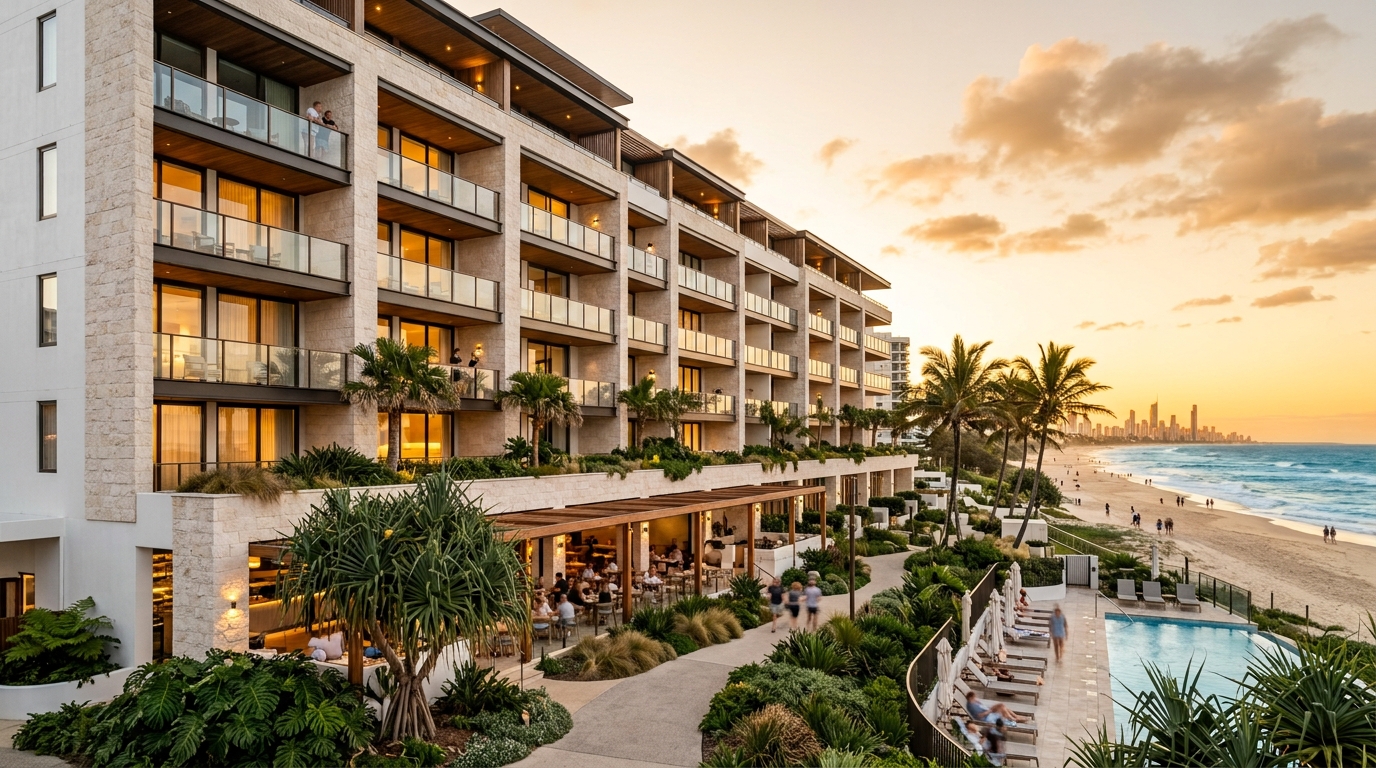 Contemporary Gold Coast hotel architecture at late afternoon
