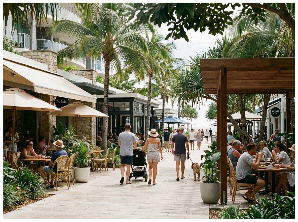 Broadbeach precinct with cafés, palms and pedestrian spaces