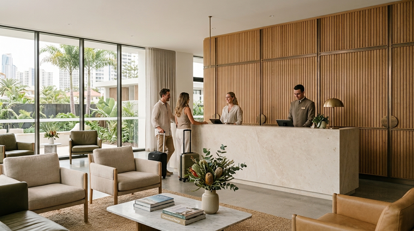 Contemporary hotel reception with limestone and warm timber finishes