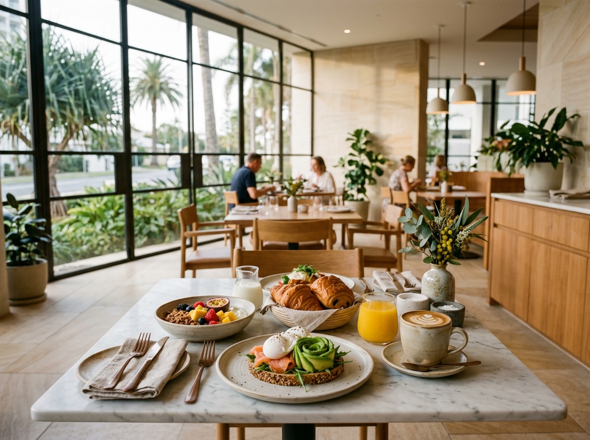 Hotel breakfast restaurant in soft morning light