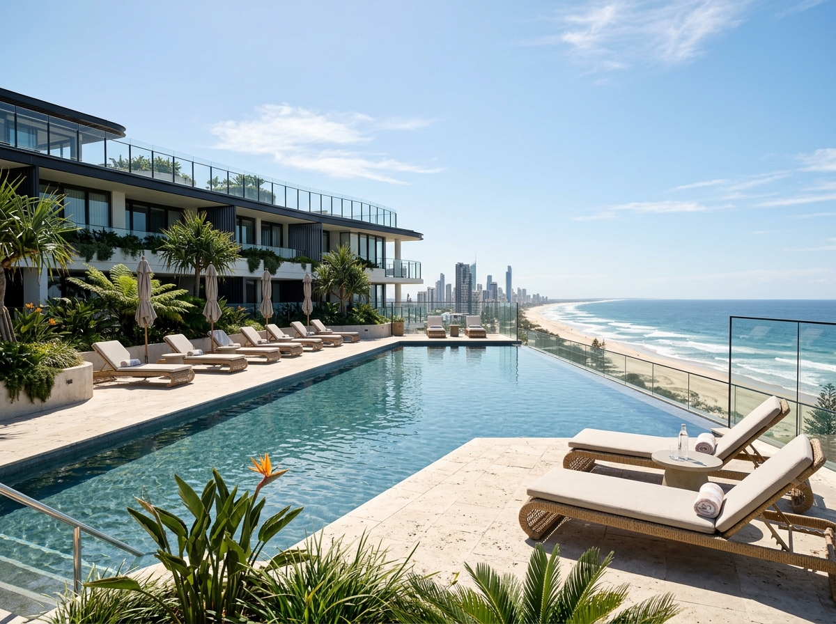 Contemporary hotel pool with subtropical landscaping