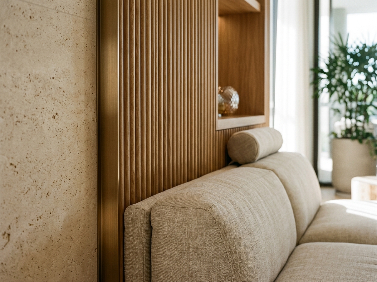 Architectural detail showing stone, timber and bronze finishes