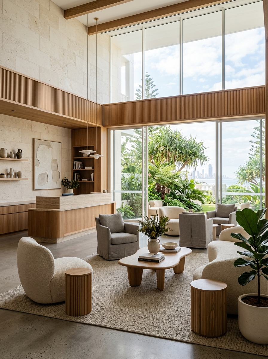 Contemporary hotel lobby with limestone and warm timber details