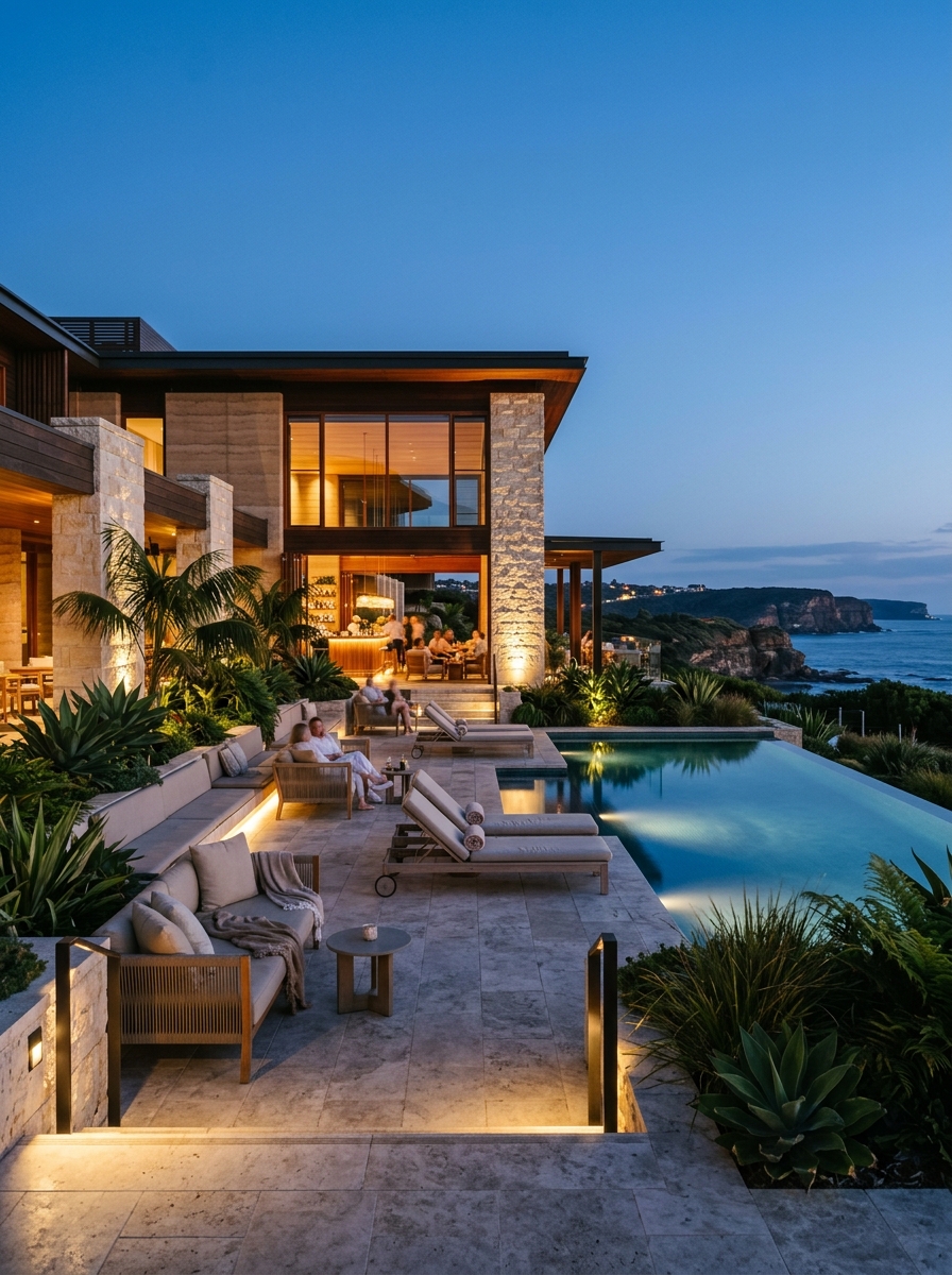 Hotel leisure terrace and pool at blue hour